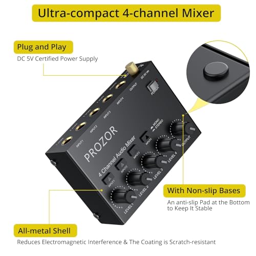 PROZOR Mini Audio Mixer 4 Channel Line Mixer - USB-C Powered Sub Mixer | with Volume Control & Stereo Mono Switch, Compact Low Noise Audio Mixer for Guitar, Bass, Keyboard, Recording, Streaming