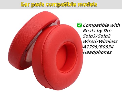 Replacement Ear Pads for Beats Solo 3/2 Wired On-Ear Headphones - Red | Fit for Beats Solo 3/Solo 2 Wired/Wireless A1796/B0534 Headphone, Dust Proof Protein Leather Cushions with Memory Foam Covers - color: Red