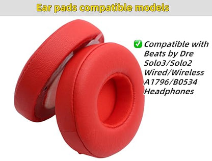 Replacement Ear Pads for Beats Solo 3/2 Wired On-Ear Headphones - Red | Fit for Beats Solo 3/Solo 2 Wired/Wireless A1796/B0534 Headphone, Dust Proof Protein Leather Cushions with Memory Foam Covers - color: Red