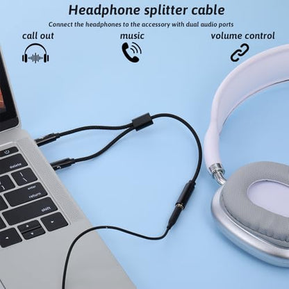 Headphone Splitter for PC, Braided 3.5mm TRRS Female to Dual TRS Male Headset Splitter, Y Audio Splitters Cable Cord for Gaming Headphone Microphone Computer Speaker Laptop, Black