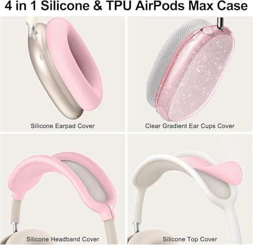 [4 in 1] Case Cover for AirPods Max 2/1 (2026/2024/2020) Ear Pad Case Cover/Headband Cover/Ear Cups Cover with Bling Star for Apple AirPods Max Headphones (Bling Light Pink Stars) - color: Shinning Pink Star