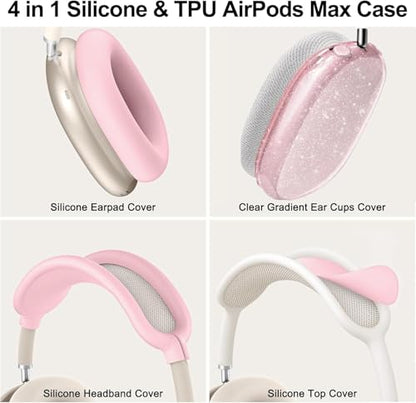 [4 in 1] Case Cover for AirPods Max 2/1 (2026/2024/2020) Ear Pad Case Cover/Headband Cover/Ear Cups Cover with Bling Star for Apple AirPods Max Headphones (Bling Light Pink Stars) - color: Shinning Pink Star