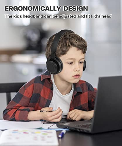 Kids Bluetooth Headphones, On Ear Wireless Headsets for Children with Built-in Microphone, Foldable Stereo Detachable Aux 3.5mm Cord, Kids Headphones for Boys Girls School iPad Tablet (Black)