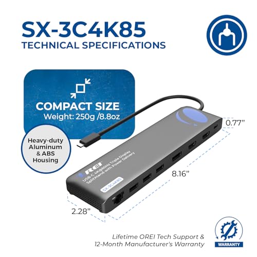 OREI USB C Docking Station Triple Monitor, SplitXtend 12-in-1 Laptop Dock with 2 HDMI + DisplayPort, 4K@60Hz, 85W PD, Ethernet, USB, SD/TF – 3 Monitor Dock (MST, No Drivers, Windows) | 4K Splitter Extended Display, 1 DisplayPort Docking Station 4 Separate
