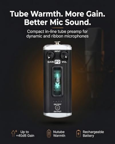 Xvive P2 Tube Microphone Preamp with Nutube, +40dB Clean Gain Booster for Dynamic & Ribbon Mics, Balanced XLR, USB-C Rechargeable, for Podcast, Streaming, Studio & Live