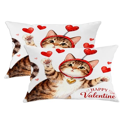 Cat Throw Pillow Covers Set of 2, Playful Fanciful Hearts Red Headband Valentine Red with Hidden Zipper Cover Decorative Pillows for Living Room Bedroom Loft Office Car Decor 20x12 Inch - size: 20" x 12" (Pack of 2)