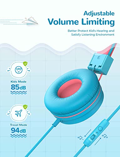 iClever HS14 아동용 헤드폰, 코드 포함, 오버이어 유아 남아 여아용 | SafeSound Tech, 스테레오 사운드, 접이식, 오버 이어 유아용 헤드폰, 어린이/학교/태블릿/여행용 내구성 있는 헤드폰 - color: 하늘색