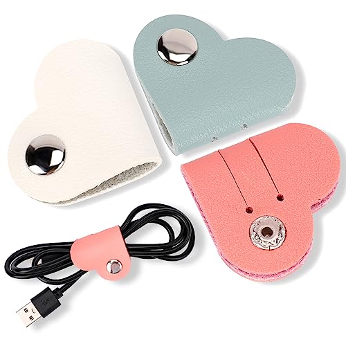 KALIONE 하트 코드 오거나이저 3팩 랩 매니저, USB 케이블 오거나이저 보관 PU 가죽 이어폰 보관 스트랩 휴대용 가방 충전 케이블 홀더 귀여운 헤드폰 케이스 여성 여아용 선물