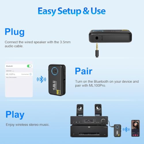 1Mii LDAC Bluetooth Aux Adapter for Car, Bluetooth Car Receiver | Volume Control, 10H Battery Life, Hands Free Calls, Wireless Audio Receiver for Home Stereo/Wired Headphones/Speaker - style: ML100Pro (Upgrade)
