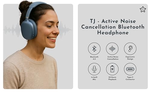 TJ Active Noise Cancelling Bluetooth Over Ear Headphones | Supersoft Leather Wireless Headset Wired Built-in MIC 24H Playtime High Res Audio Travel/Work/School/Students/Running/Gym (Blue) - color: Blue