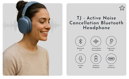 TJ Active Noise Cancelling Bluetooth Over Ear Headphones | Supersoft Leather Wireless Headset Wired Built-in MIC 24H Playtime High Res Audio Travel/Work/School/Students/Running/Gym (Blue) - color: Blue