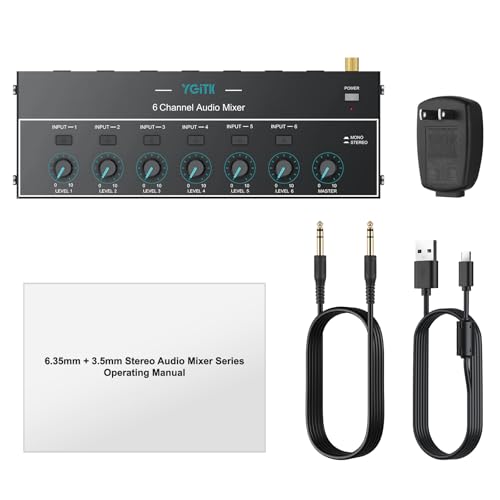 Mini Audio Mixer, 6 Channel Stereo Line Mixer 1/4" & 1/8" TSR Audio Output Input Jack, Line Mixer Stereo/Mono Independent Control and Switch for Guitars,Bass,Keyboards, Dynamic Microphone - size: Large(6-channel)
