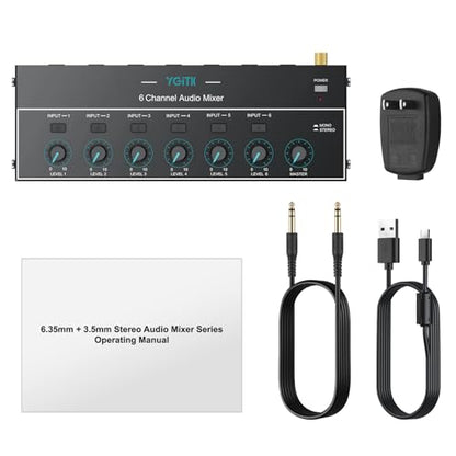Mini Audio Mixer, 6 Channel Stereo Line Mixer 1/4" & 1/8" TSR Audio Output Input Jack, Line Mixer Stereo/Mono Independent Control and Switch for Guitars,Bass,Keyboards, Dynamic Microphone - size: Large(6-channel)