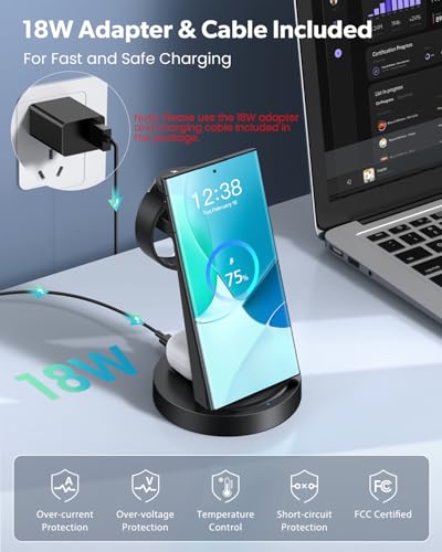 Wireless Charger for Samsung: 3 in 1 Wireless Charging Station | for Samsung Galaxy Watch 8 7 6 5 4 3 Pro S26 S25 S24 S23 S22 Ultra Z Fold Android, 18W adapter, Idea for Home Office Travel - color: Black
