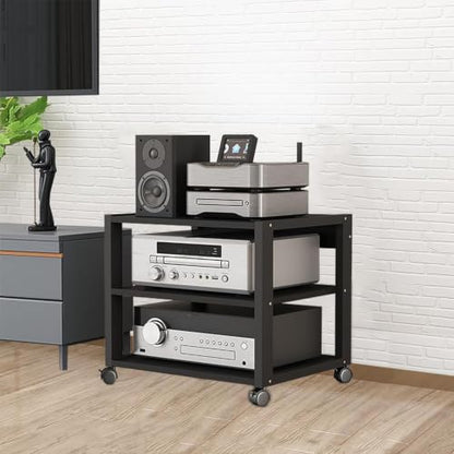3 Tier Audio Rack AV Media Player Stand Stereo Cabinet | Floor-Standing CD DVD Record Player Stand, Movable Component Storage Shelf with Wheels for Home Theater, Black - size: 3 Tier