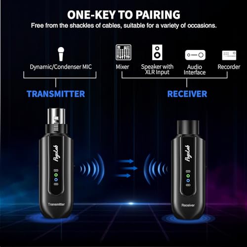 Wireless Microphone Transmitter Receiver 2.4Ghz, Wireless XLR Microphone System, Rechargeable Mic Adapter for Audio Mixer, Dynamic Mic, 48V Phantom Power for Condenser Mic