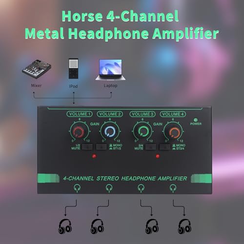 Horse Headphone Amp Amplifier, 4-Channel Metal Stereo Audio Amplifier, Mini Earphone Splitter, 1/4" 1/8" TRS/TS Audio Input and Output for Music Studio, DC 12V(Green&Black) - color: Green&Black(4-Channel)