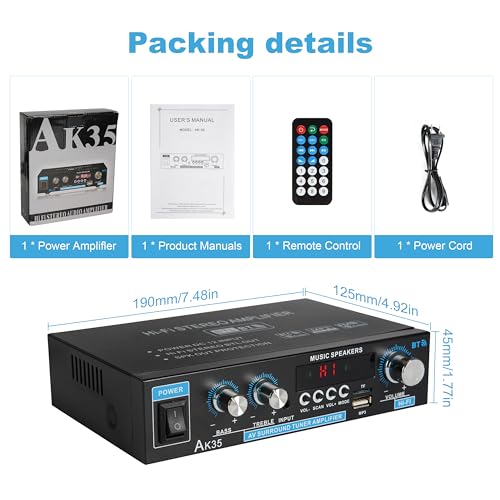 Stereo Amplifier AK35 Bluetooth 5.0 Receiver Home Audio 100Wx2 Dual Channel Speaker Amplifier with FM Radio, USB, SD Card Input for Home Theater Audio Stereo System with Remote Control