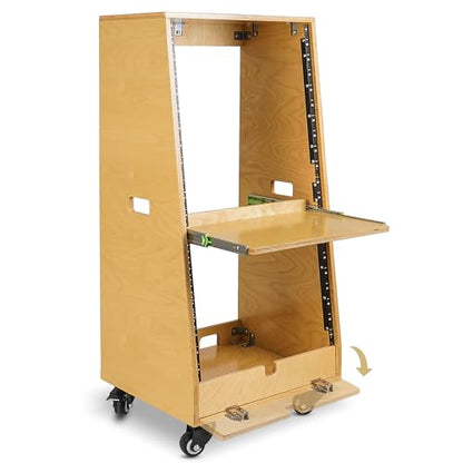 Sound Town DIY Slanted 20U Studio Rack (12U Top + 8U Lower), with 2U Bottom Storage, Slide-Out Tray, Caster, Plywood, Golden Oak for Recording Room, Home Studio (SDRK-ST20T) - size: 20U(12U Top + 8U Lower),Golden Oak