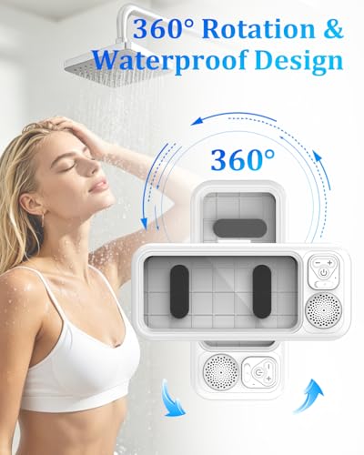 Shower Phone Holder Waterproof with Wireless Bluetooth Speaker | 360° Rotation Wall Mount Phone Holder for Shower, Anti-Fog High Sensitivity Shower Phone Case for Bathroom Bathtub Kitchen