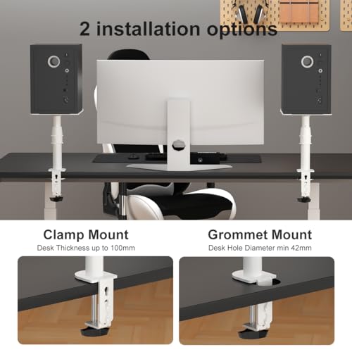 suptek Clamp-on Speaker Stand Desk Mount Set, Height Adjustment, Tilt, Swivel, 9.6 x 8.8 inch Trays, Universal Audio Holders for Computer and Bookshelf Speakers, Elevated Sound, 2 Pack, White, SDM001W - color: White, size: 9.6 x 8.8x 13.9"(h)