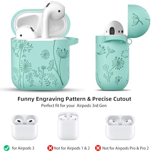 Lerobo for AirPod Case, Compatible with AirPods Case 2nd Generation | Engraved Flower Soft Silicone Cover with Keychain for AirPods 2/1, Wireless Charging, Scratchproof, One-piece Design - color: Mint Green