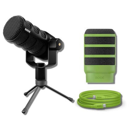 Rode PodMic USB Dynamic Broadcast Microphone Bundle with WS14 Green Pop Filter, GFW-MIC-0250 Mini Stand, and SC27 Gr USB-C Cable — Aphex DSP Studio Mic for Podcasting, Streaming, Voice Over