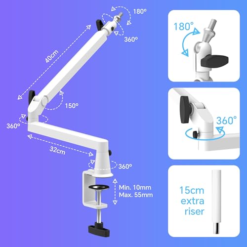 Low Profile Mic Arm Microphone Boom Arm Professional Adjustable with 15cm Riser Solid Desk Mount Clamp Cable Management Microphone Holder Stand for Podcast Streaming Gaming Mic Stand White - color: white