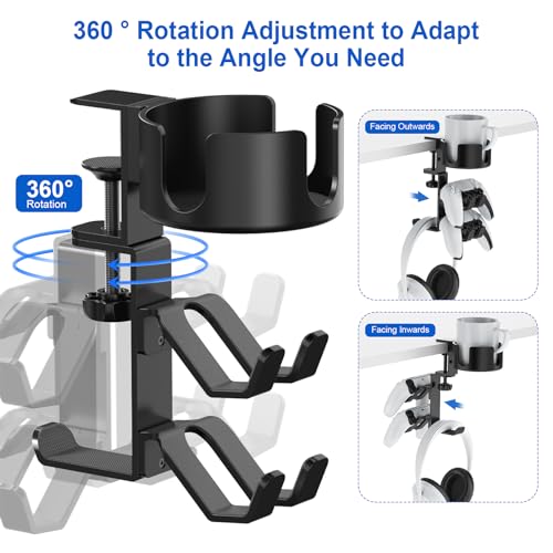 Desk Controller Headphones Holder for Xbox/PS4/PS5, 3-in-1 Desk Cup Holder with 360° Rotating Adjustable Headset Hanger Controller Stand Clamp On Desk Organizer Gaming Accessories for Desk