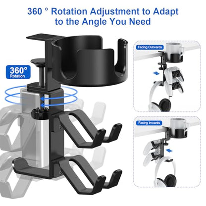 Desk Controller Headphones Holder for Xbox/PS4/PS5, 3-in-1 Desk Cup Holder with 360° Rotating Adjustable Headset Hanger Controller Stand Clamp On Desk Organizer Gaming Accessories for Desk