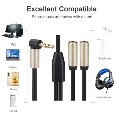 Audio Splitter Cable,90 Degree Right Angle 3.5mm Male to 2 Female Jack Headphone Audio Stereo Y Splitter Adapter Cable for Tablets, MP3 Players (90 Degree Right Angle)