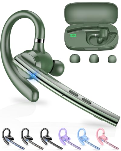 Bluetooth Headset,72H Work Single-Ear Wireless Earpiece for Cell Phone Call | 2 Charging Ways & 500mAh Charging Case,Dual Mic ENC Noise Cancel, Mute Button,V5.1 Hands-Free for Phone and Laptop - color: Solid army green, style: M54