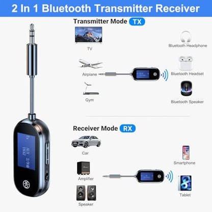 Bluetooth Audio Adapter for Headphones, Wireless Transmitter Receiver | Low Latency, with 3.5mm Aux Jacks, Suitable for Airplanes, TVs, Gym Equipment, and Car