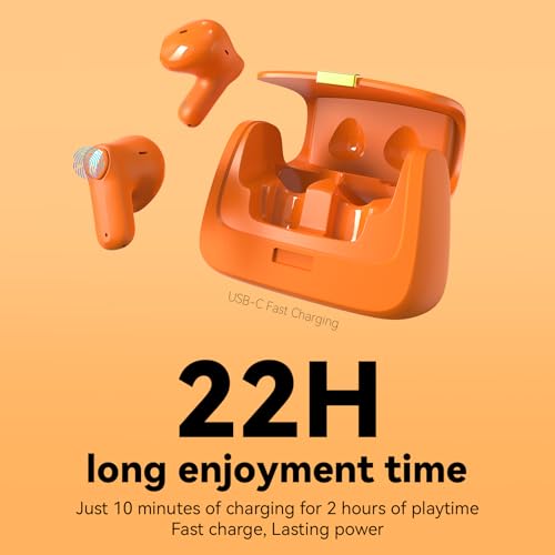 ANCwear Wireless Earbuds with Mini Handbag Case, 22H Playtime, Orange | Bluetooth 5.3, 13mm drivers, touch controls and DIY stickers for music, calls, travel, everyday wear and gifting - color: Orange PU