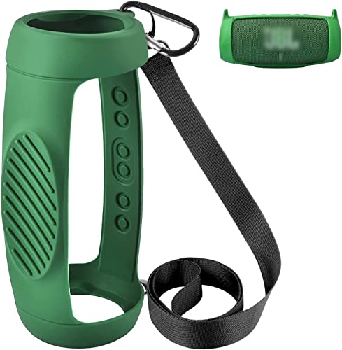 Comecase Silicone Speaker Cover for JBL Charge 5 with Strap and Carabiner | Snug Silicone Sleeve, Open-Port Design and Dual Carry Options for Travel, Camping and Daily Use, Speaker Not Included - Green - color: Green