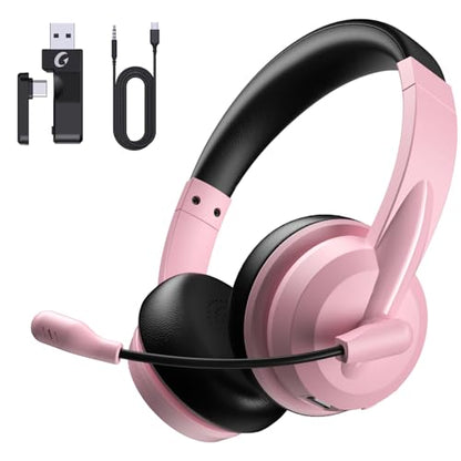 AOC Wireless Headset with Mic for Work, AI Noise Cancelling, Bluetooth | AI Noise Cancelling Mic, Bluetooth 5.3, USB-A/C Dongle Included, Mic Mute, Compatible with PC, Laptop & iPhone - color: Pink Black