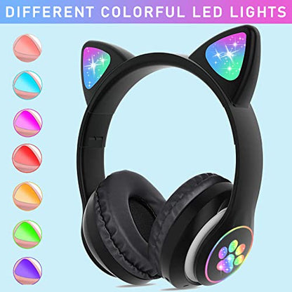 Kids Bluetooth Wireless Over-Ear Cat Ear Headphones with Microphone for Kids Teens Adults (Black) | Over Ear Headphones for Girls/Teenagers/Adults - color: Pure Black