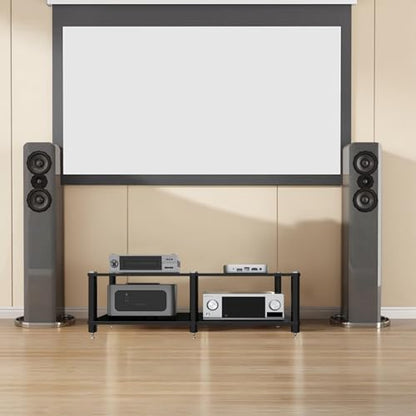 2-Tier AV Media Stand with Speaker Spikes for Home Theater | 2-Tier Audio Cabinet, Black, Open Shelving, Speaker Spikes Reduce Vibration, CD/Receiver/Turntable, Home Theater, Office