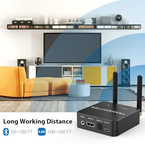 5.8GHz&5.2GHz Dual-Band Wireless Audio Transmitter Receiver with HDMI/Optical Digital(SPDIF)/RCA(3.5mm) in/Output, 160ft Long Range 0.018s Low Latency with Built-in Bluetooth 5.3 Receiver - color: GT01-SPDIF
