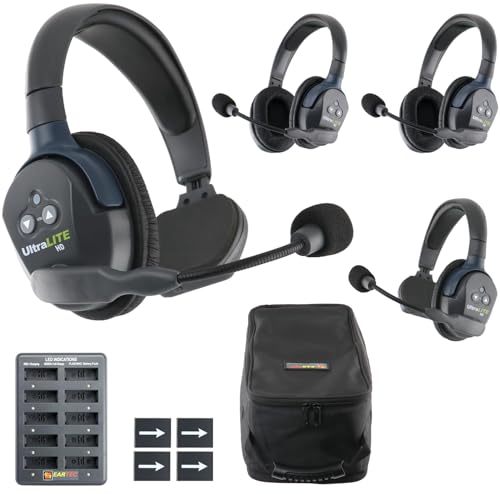 Eartec UL422 Ultralite-HD 4-Person Full Duplex Wireless Intercom Headset Communication System, Single and Dual Ear Headsets, Up to 1000ft Range, U.S. Company - size: 2 Single, 2 Double