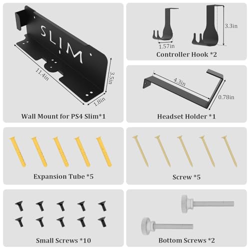 Wall Mount for PS4 Slim with Detachable 2 Controller Holder & Headphone Hanger, Metal Stealth Wall Mount Stand for Playstation 4 Slim - color: Black