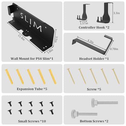 Wall Mount for PS4 Slim with Detachable 2 Controller Holder & Headphone Hanger, Metal Stealth Wall Mount Stand for Playstation 4 Slim - color: Black