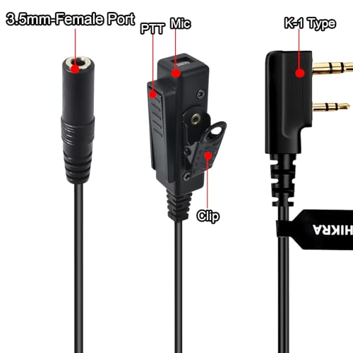Universal Ham Radio Earpiece Adapter Cable, 2 Pin K-1 Type to 3.5mm Female Headset with Built-in Mic and PTT Compatible with BaoFeng Retevis Kenwood Retevis Quansheng Walkie-Talkie