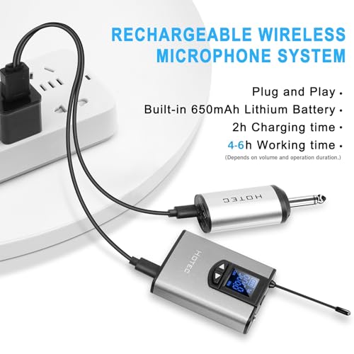 HOTEC UHF Wireless Headset Microphone/Lavalier Lapel Mic with Bodypack Transmitter and Mini Rechargeable Receiver 1/4" Output for Vlogging or Speech