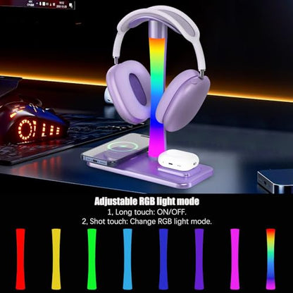 Headphone Stand with Wireless Charger,Gaming Headset stand with RGB Light,For Airpod Max Stand Compatible with Airpod Pro/3/2,For iPhone 17/16/15/14/13/12/11,Gifts for Gamers & Music Lover (Purple) - color: Purple