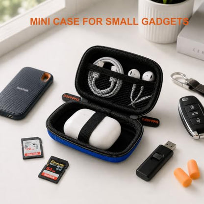 Mini Earbud Case, Small Hard Shell EVA Rectangle Carrying Zipper Tech Pouch | Blue for Apple Airpods, Earpods, Galaxy Buds, Wired Wireless Earbuds, Earplugs, IEMs, Flash Drive, USB Cable, Memory Card - color: Blue