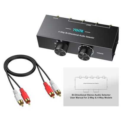 4-Way Stereo Audio Switcher 4-in-1/1-in-4-Out Bi-Directional for Speaker | YGiTK 3.5mm Aux&RCA L/R Audio Switch Selector Box with OFF Button, 1.5m/4.9ft RCA Cable for Headphones, Amplifiers, Computer - size: 4-Way