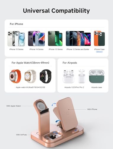 Wireless Charging Station 3 in 1 RJR Compatible with Apple Devices, Charging Dock for iWatch, Built-in Wireless Charger Stand for iPhone Series AirPods Gifts (with 18W Adapter) Rose Gold