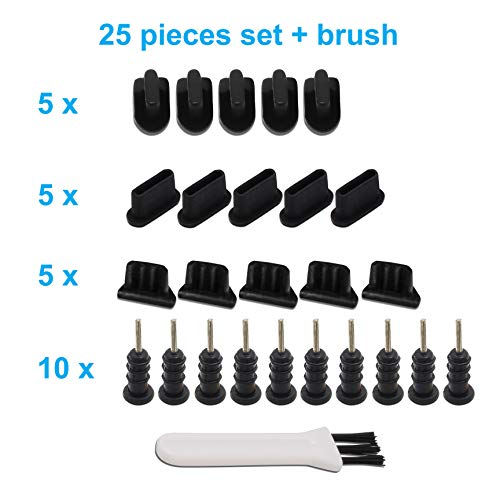 Multi Port Dust Plug Kit 25 Pieces for USB C, Lightning, Micro USB, 3.5mm | Covers USB C, Lightning, Micro USB and 3.5mm ports, reusable protection for mixed device collections