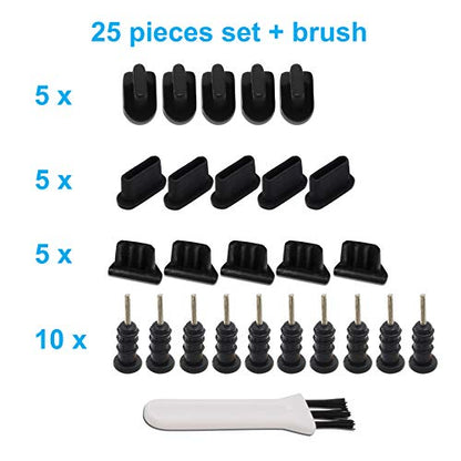 Multi Port Dust Plug Kit 25 Pieces for USB C, Lightning, Micro USB, 3.5mm | Covers USB C, Lightning, Micro USB and 3.5mm ports, reusable protection for mixed device collections